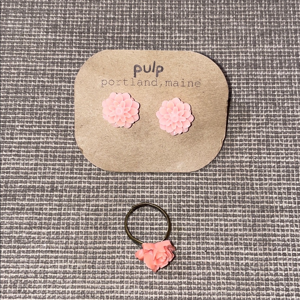 Peach Floral Earrings and Ring Set